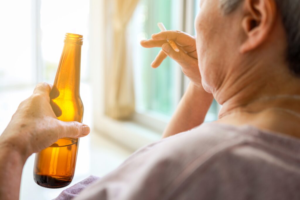 Lonely,Old,Elderly,People,With,Alcoholic,Drink,And,Cigarette,In